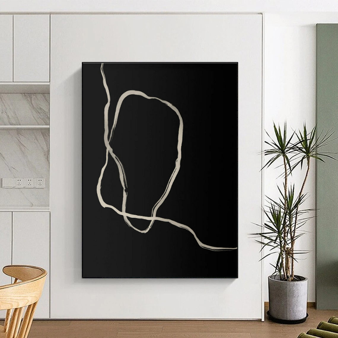 Handmade Art Black & Beige Line Abstract, Minimalist Canvas Art HS412