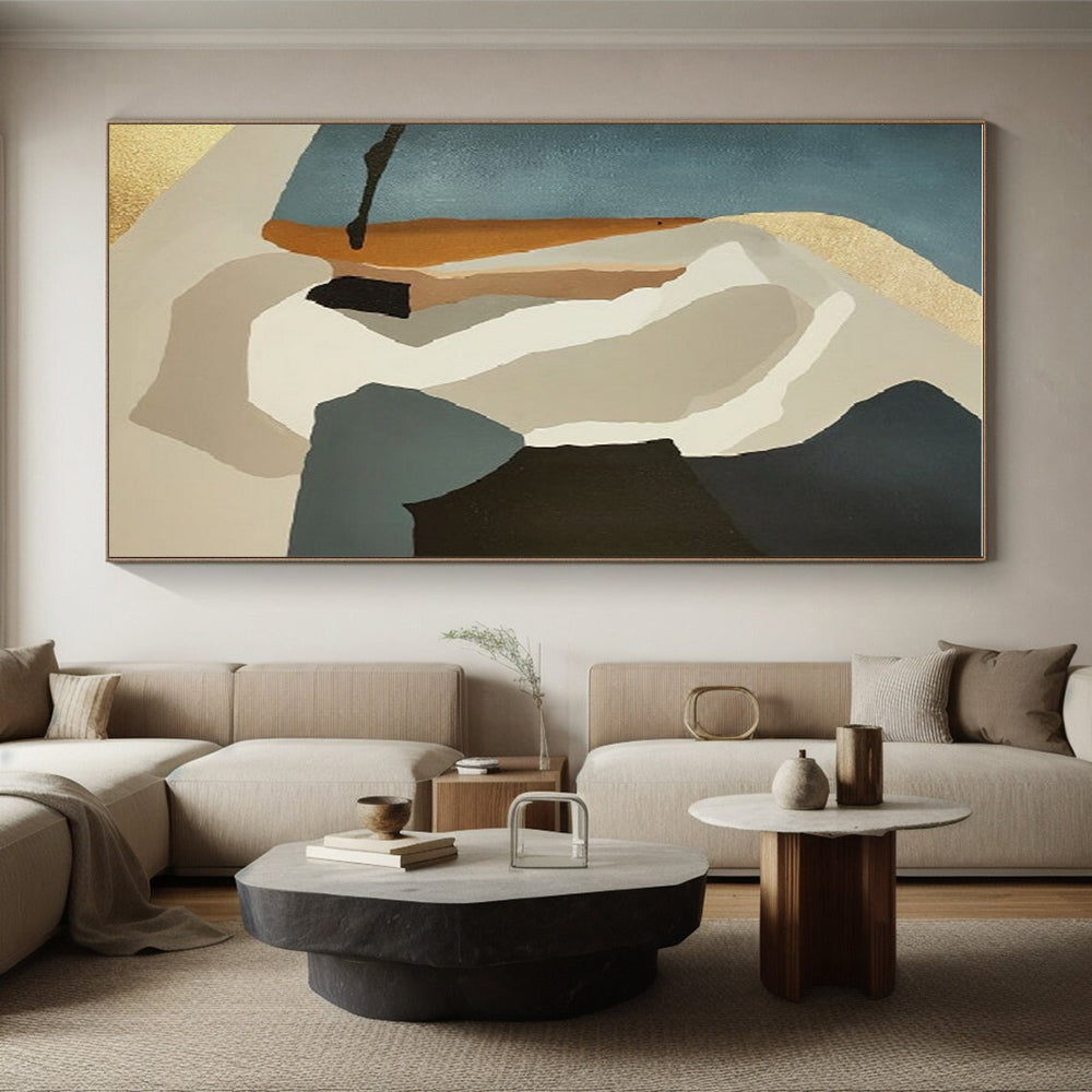 Minimalist Canvas Art Teal, Beige & Black Geometric Abstract, Handmade Art HS235