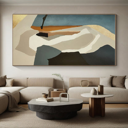 Minimalist Canvas Art Teal, Beige & Black Geometric Abstract, Handmade Art HS235