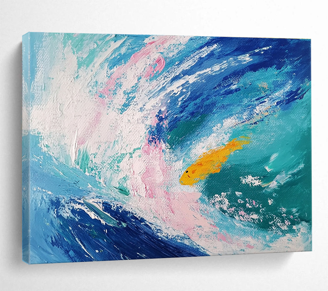 Extra Large Size Blue, Pink, and Yellow Abstract Ocean with Fish - Acrylic Painting WB289