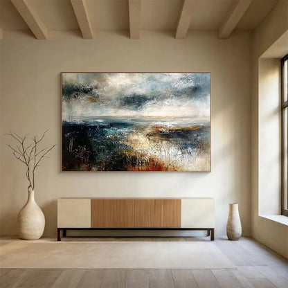 Extra Large Size Gray, Blue, and Brown Abstract Stormy Seascape - Acrylic Painting WB279