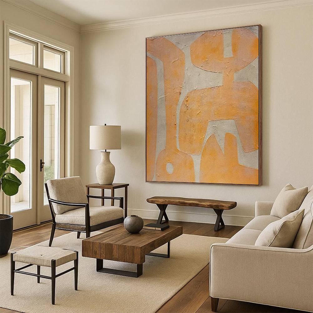 Unique Abstract Art Orange and Beige Geometric Textured Abstract Art HS637