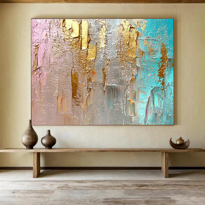 Big Size Gold, Silver, Teal, and Pink Abstract Textured Art - Acrylic Painting WB276