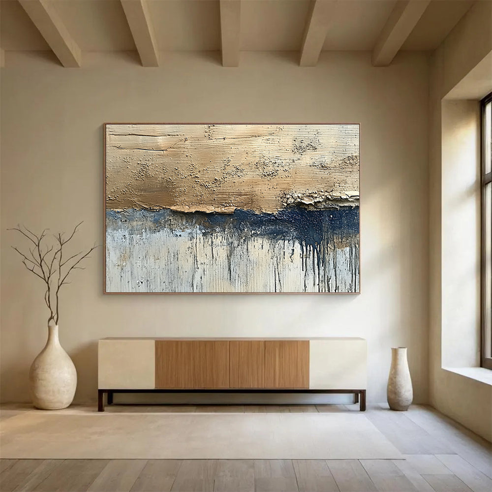 Extra Large Size Beige, Navy, and Gray Textured Abstract Art - Acrylic Painting WB281