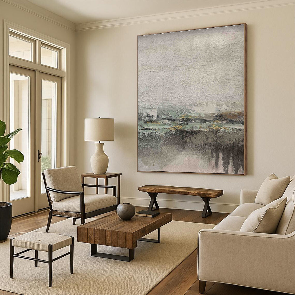 Gray, Green, and Yellow Textured Abstract Landscape Painting For Sale Online WS472