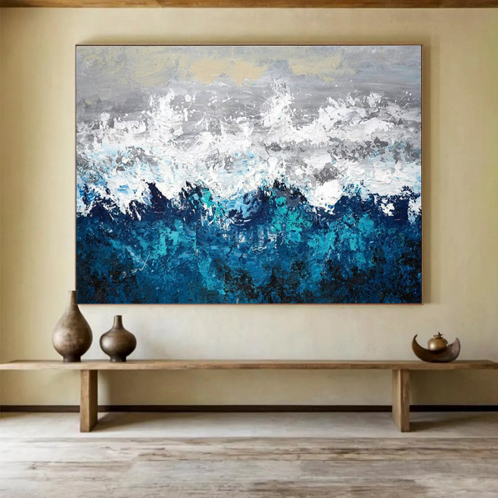 Contemporary Abstract Art: Blue Grey and White Textured Wave Abstract Painting WB370
