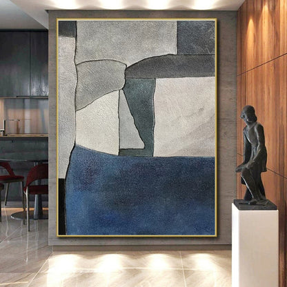 Handmade Art Gray & Blue Geometric Abstract, Minimalist Canvas Art HS434