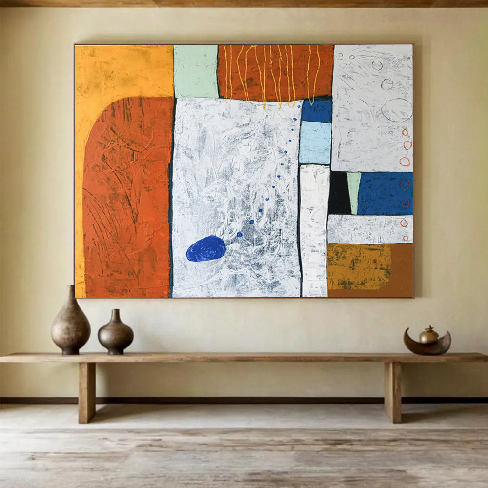 Orange, Blue, White Abstract Geometric Art For Sale WB414
