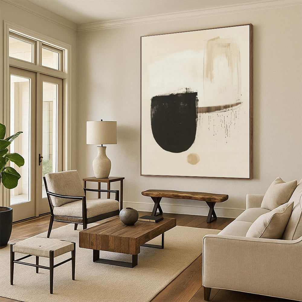 Handmade Art Black & Beige Minimalist Abstract Shape Art HS374