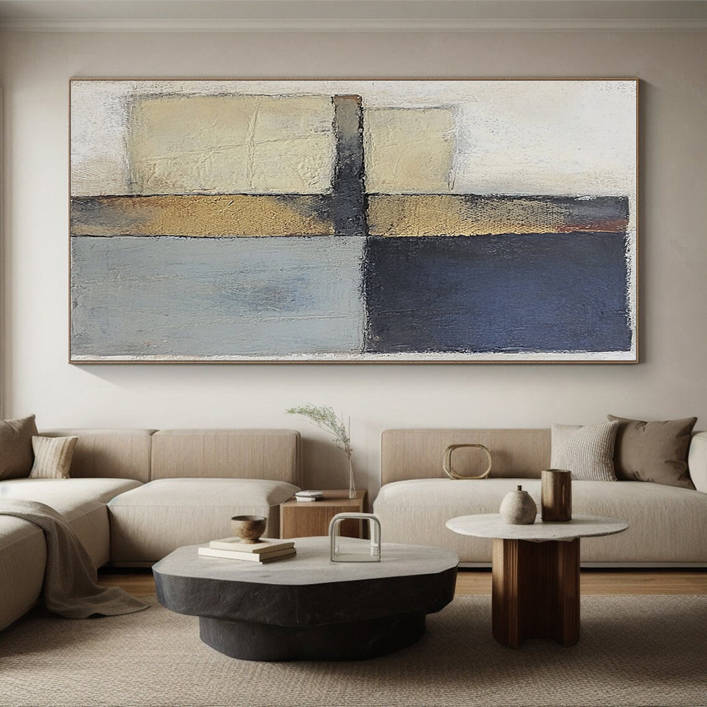 Modern Art Acrylic Beige, Black, and Gold Abstract Geometric Painting For Sale HS159