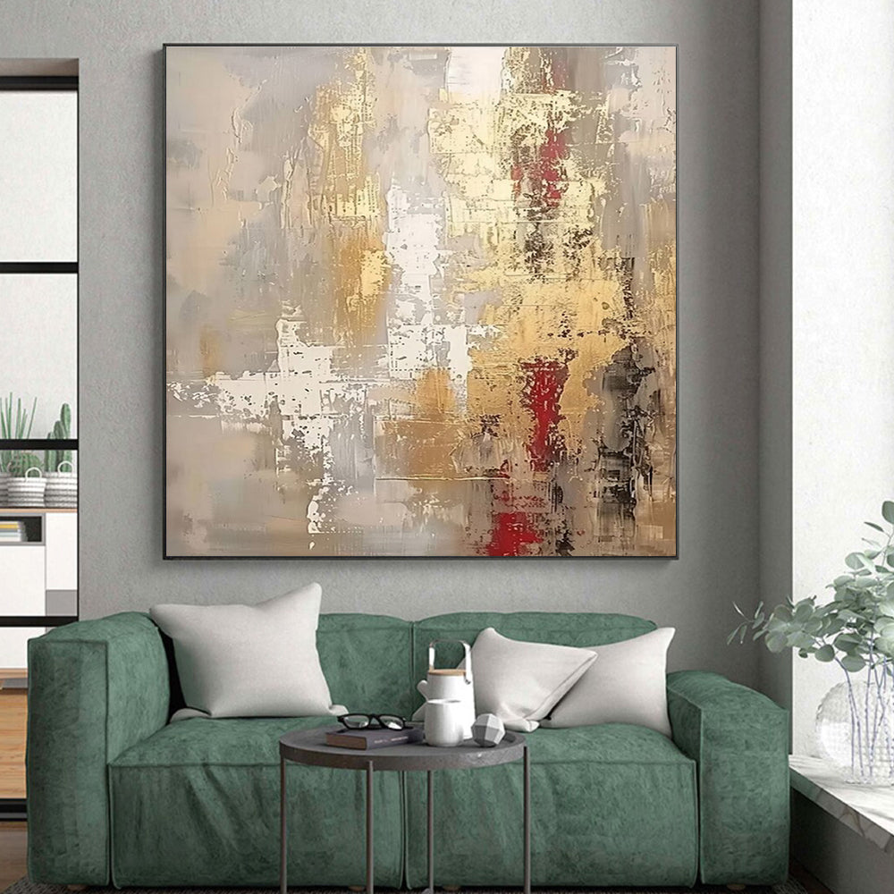 Hand Painted Art Gray, Gold, and Red Textured Abstract Art HS661