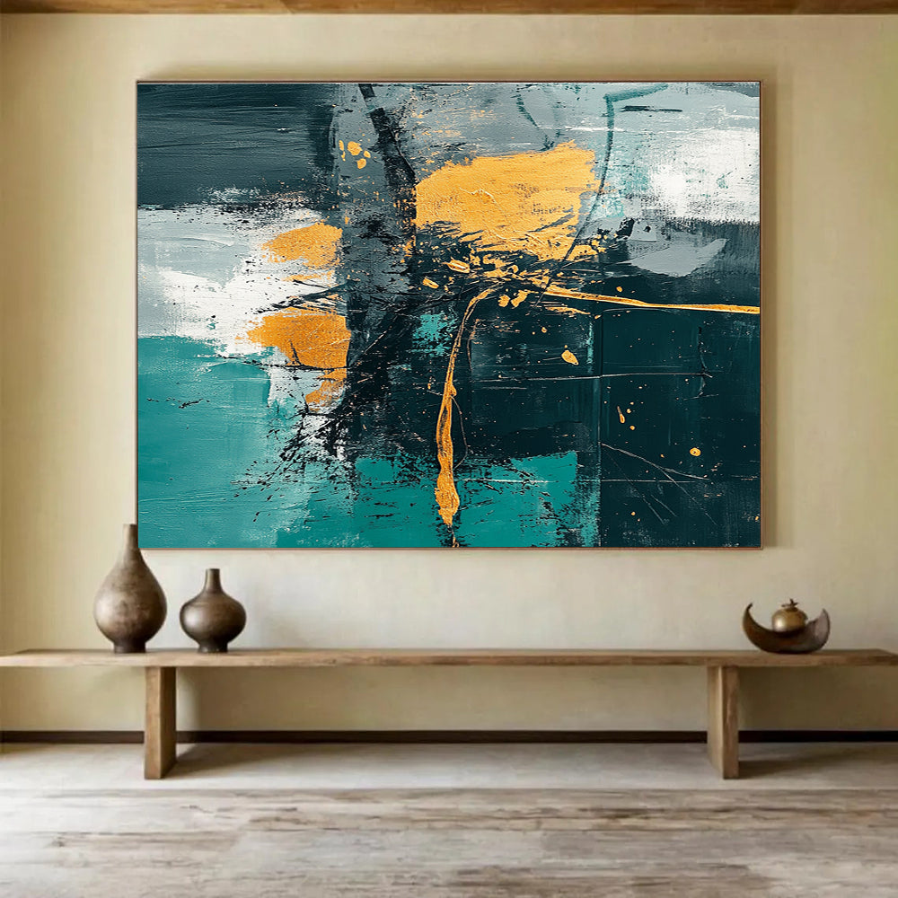 Contemporary Abstract Painting with Teal, Gold, Black and White Colors, Expressive Abstract Theme WB327