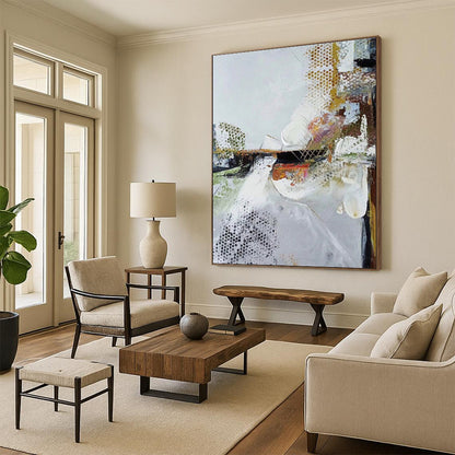 Hand-Painted White, Gold & Multicolor Textured Abstract, Large Painting In Living Room HS218