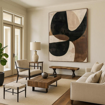 Hand Painted Art Black, Brown, and Beige Geometric Abstract Composition HS600