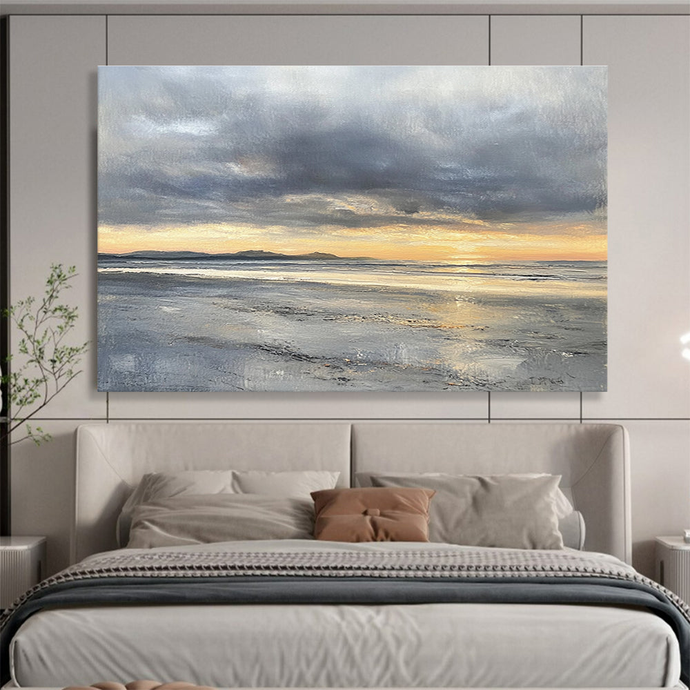 Modern Art Abstract Paintings with Gray, Orange, Yellow and Black Colors, Coastal Sunset Theme WB318