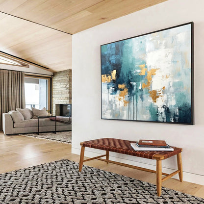 Extra Large Size Teal, Gold and White Abstract Expressionist Painting WB204