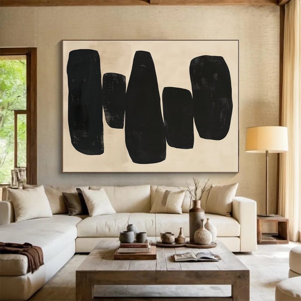 Big Painting Black & Beige Abstract Stacked Shapes Art HS375