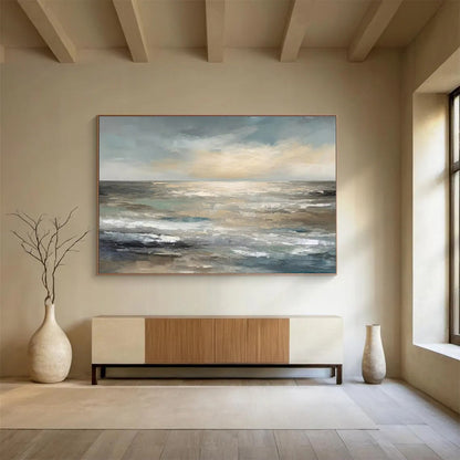 Hand Paintings: Blue Grey and Beige Coastal Sunset Abstract Painting WB350
