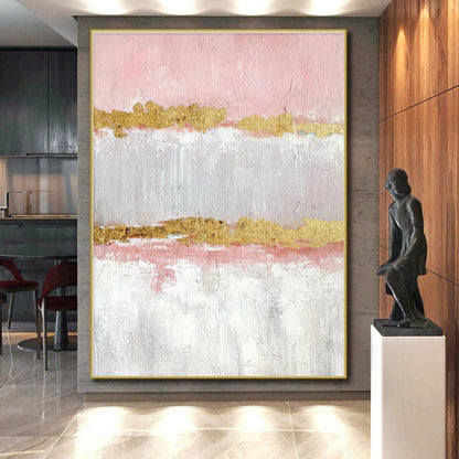 Hand-Painted Pink & Gold Textured Abstract, Acrylic Modern Art Painting HS347