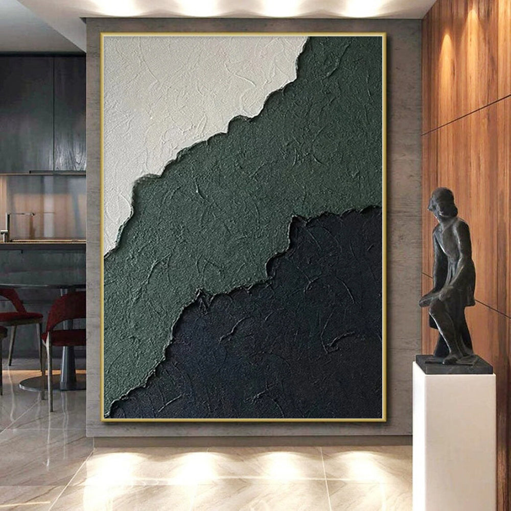 Hand-Painted Green, Black, and White Textured Abstract Layer Painting For Sale HS047