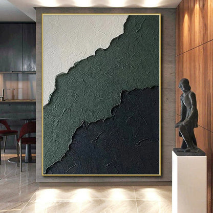Hand-Painted Green, Black, and White Textured Abstract Layer Painting For Sale HS047