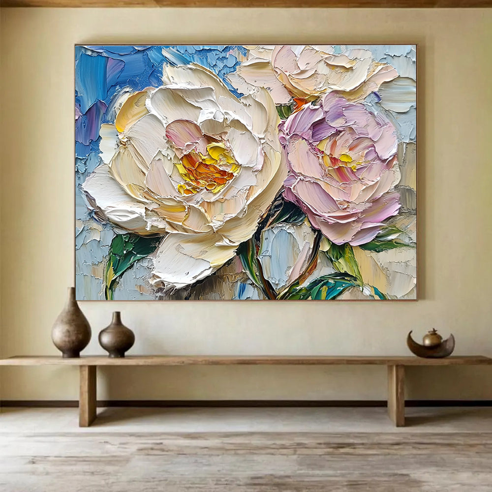 Hand Paintings with Cream, Pink and Blue Colors, Peony Flower Theme Abstract Art WB322