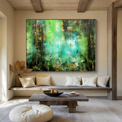 Horizontal Green and Turquoise Abstract Forest Scene, Abstract Acrylic Painting WB161