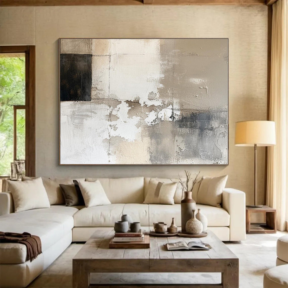 Big Size Beige, Gray and Black Abstract Textured Painting WB111