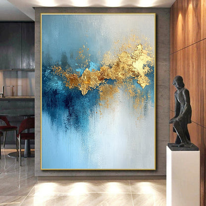 Acrylic Modern Art Paintings Blue and Gold Abstract Textured Painting For Sale HS116