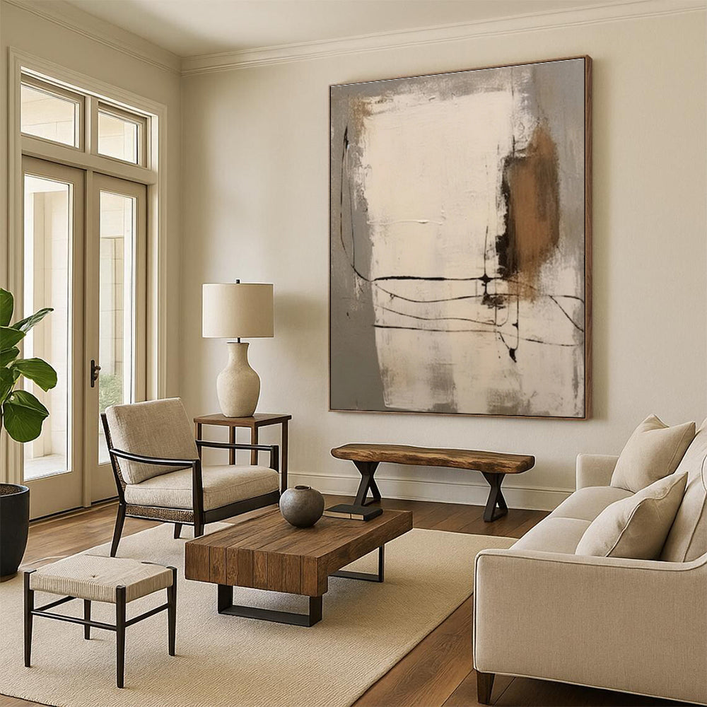 Hand Painting with Gray, Beige, Black and Brown Colors, Abstract Geometric Theme HS483