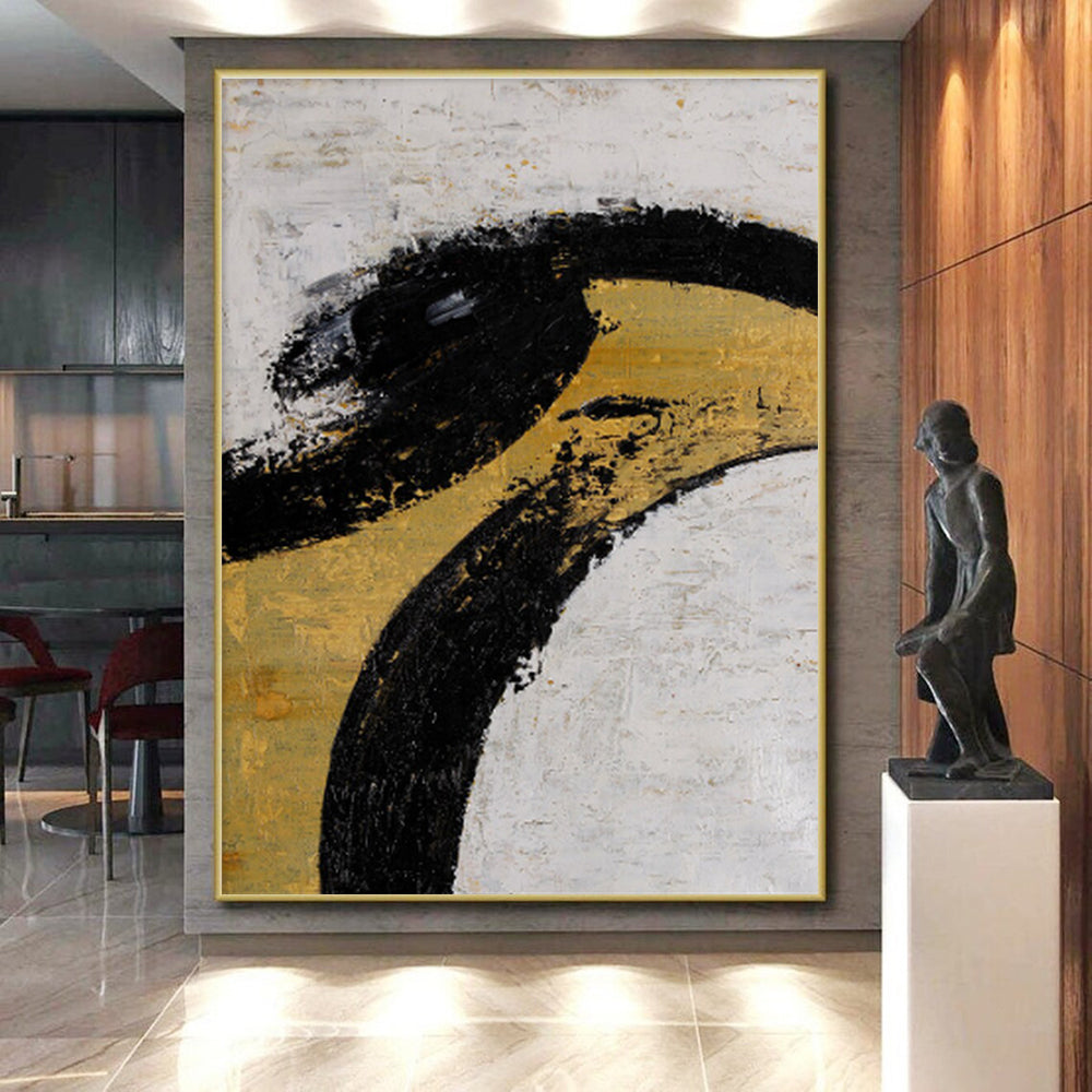 Gaint Canvas Art Black, Gold & White Gestural Abstract, Oversized Abstract Wall Art HS285