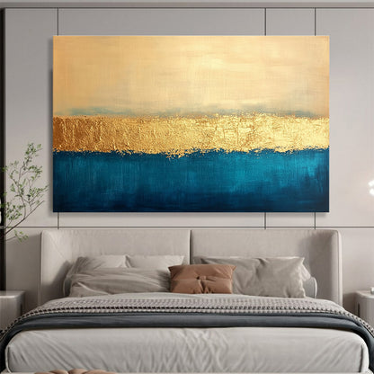 Horizontal Blue, Gold, and Beige Textured Abstract Art WB270
