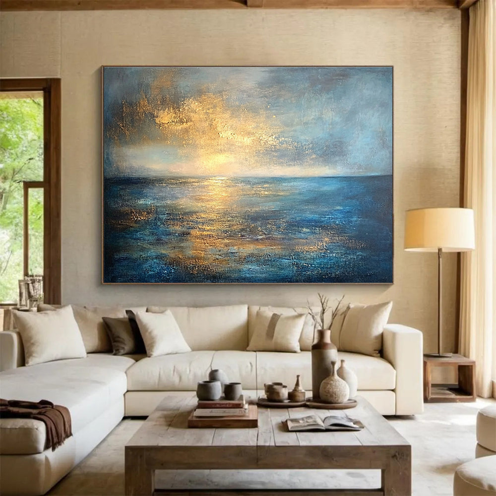 Huge Size Blue, Gold, and Gray Abstract Sunset Over Ocean - Acrylic Painting WB288