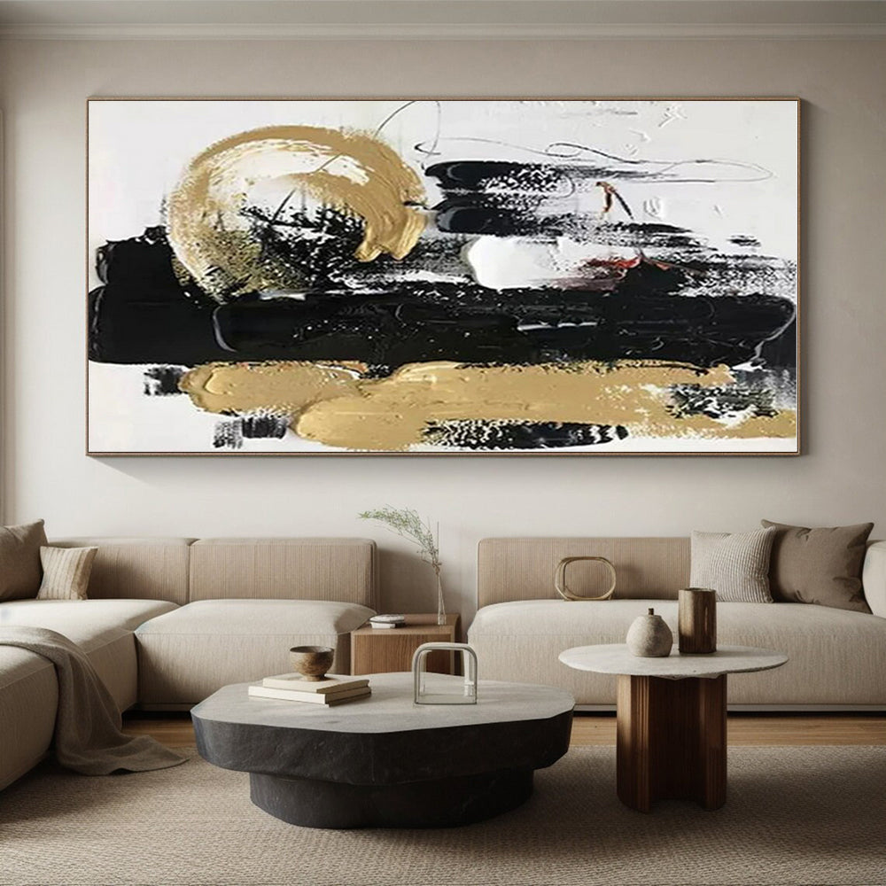 Acrylic Modern Art Paintings Black, Gold & White Textured Abstract Art HS377