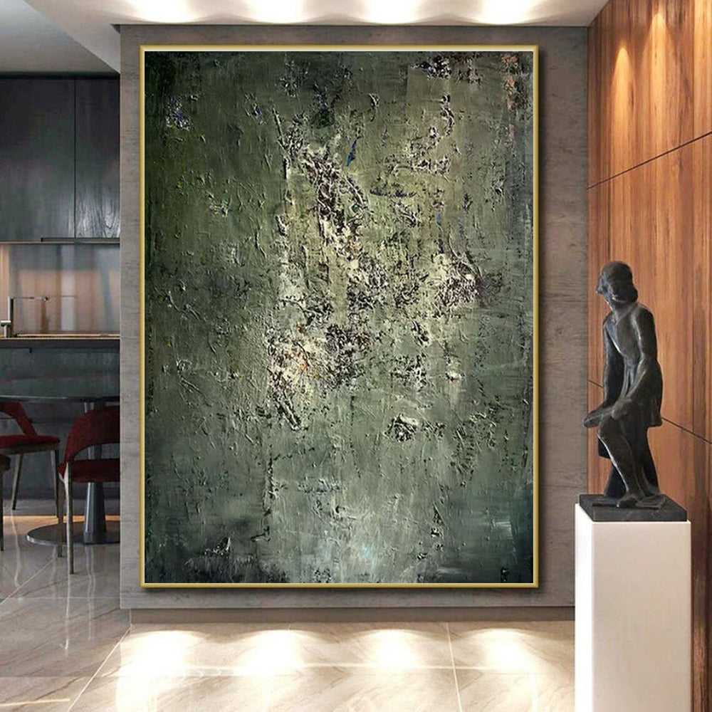 Handmade Art Unique Abstract Art with Green, Gray, White Textured Details - Acrylic Modern Art Painting HS534