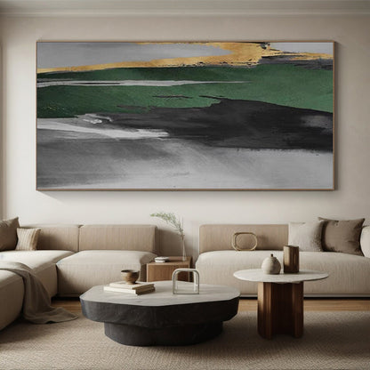 Hand-Painted Green, Black, and Gold Abstract Vertical Strokes Painting For Sale HS002