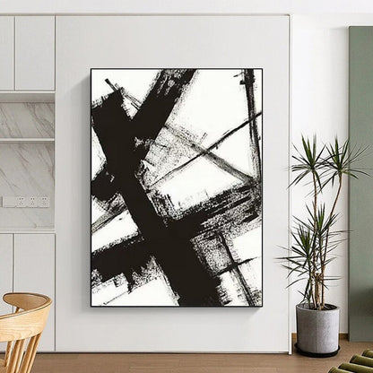 Hand-Painted Black and White Abstract Geometric Painting For Sale HS014