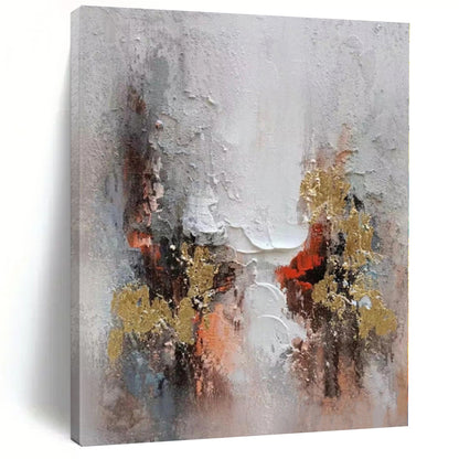Hand-Painted Gray, White, Gold, and Red Abstract Textured Painting For Sale HS031