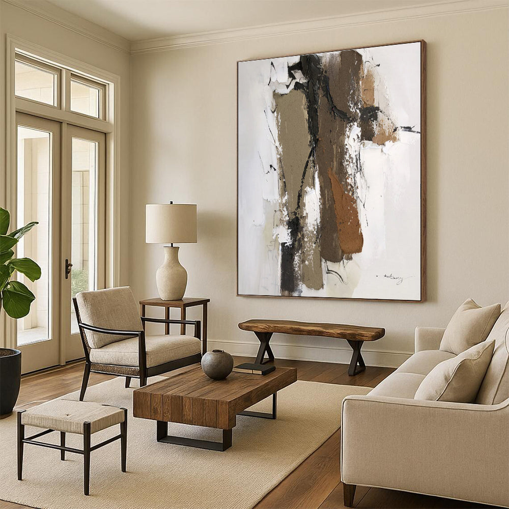 Hand Painting with Brown, Beige, Black and White Colors, Textured Abstract Theme HS467