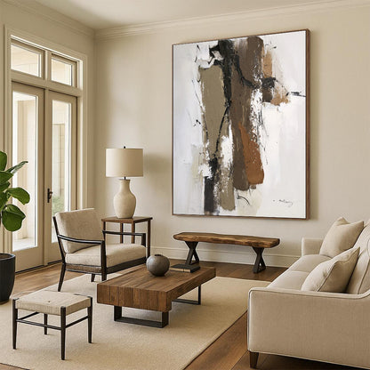 Hand Painting with Brown, Beige, Black and White Colors, Textured Abstract Theme HS467