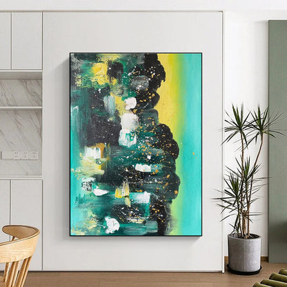 Handmade Art Teal, Black & Gold Speckled Abstract, Large Contemporary Wall Art HS212