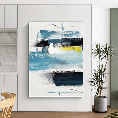 Modern Art Acrylic Blues, Black, White, and Yellow Abstract Composition HS586