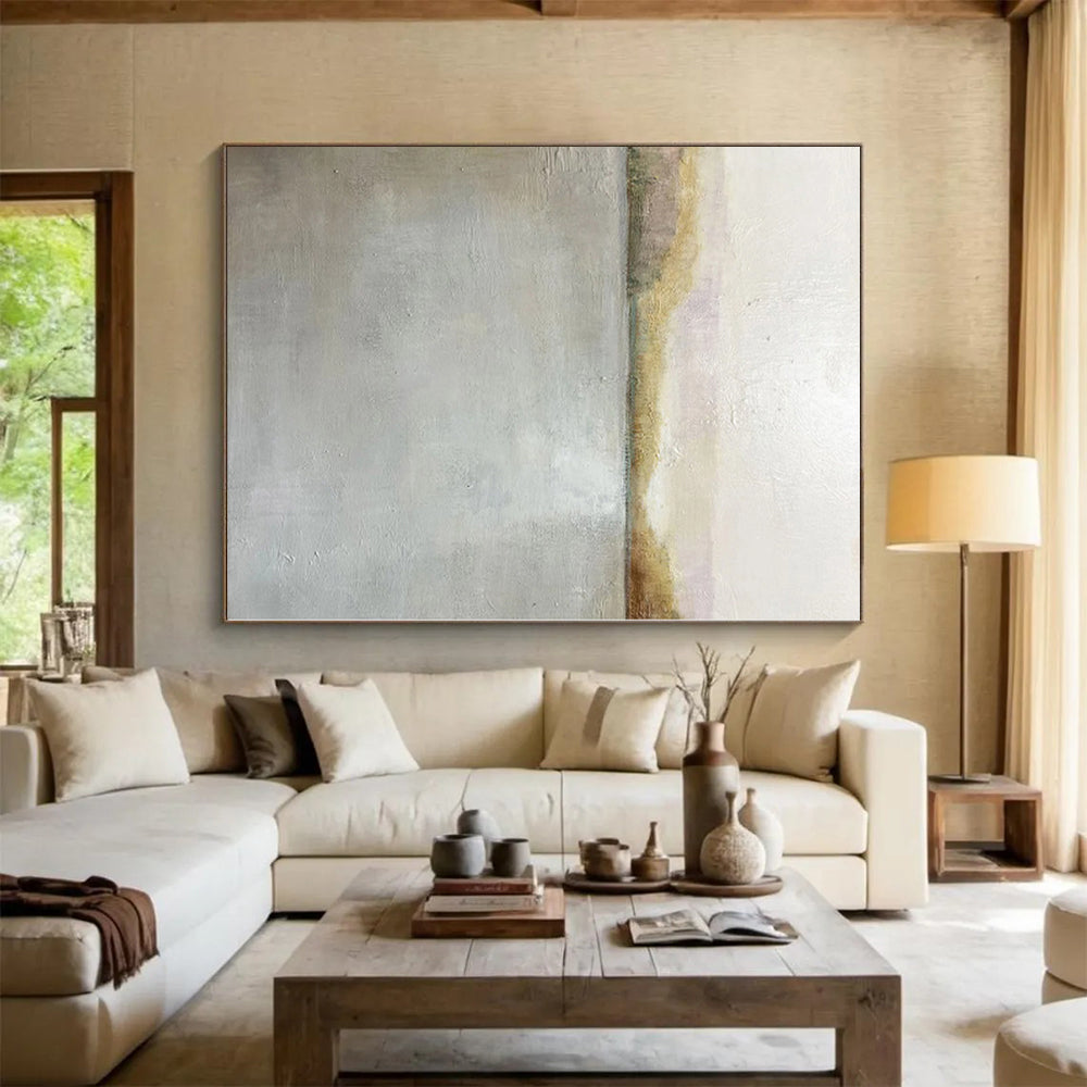 Hand Painted Art Gray and Beige Abstract Lakeside Painting For Sale HS082