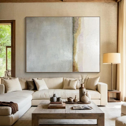 Hand Painted Art Gray and Beige Abstract Lakeside Painting For Sale HS082