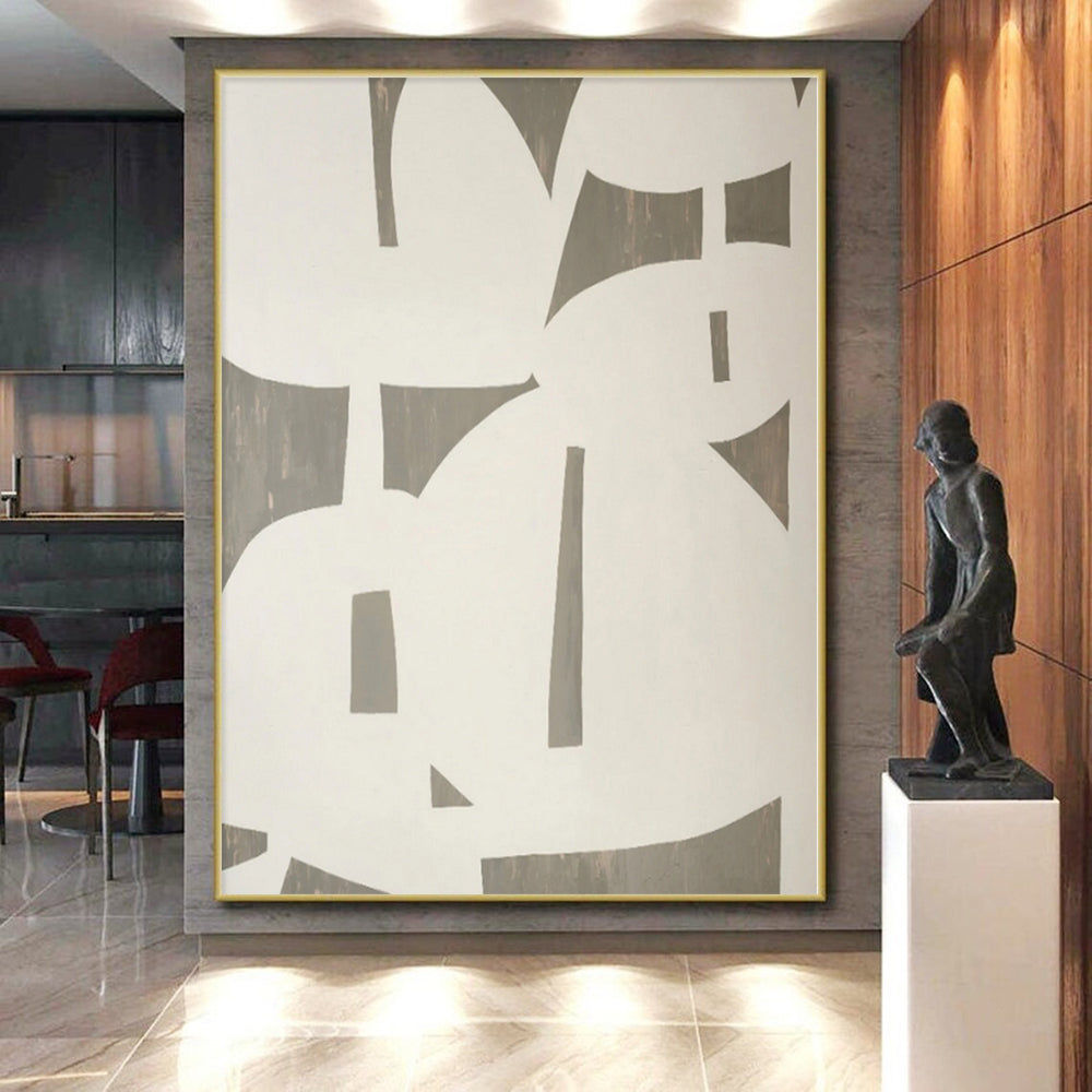 Hand-Painted White and Gray Abstract Geometric Shape Painting For Sale HS023