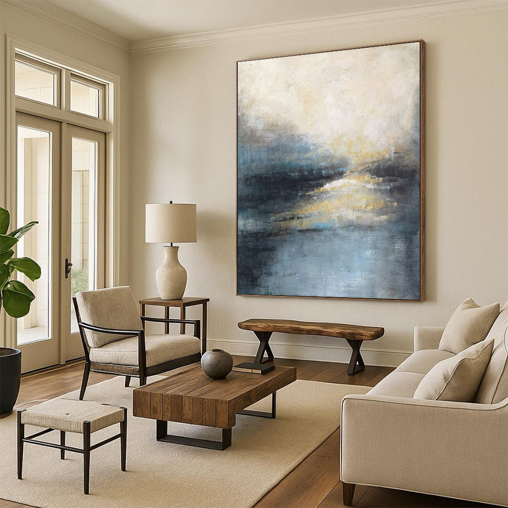 Modern Art Acrylic Blue, Gray, and Gold Textured Abstract Landscape HS713