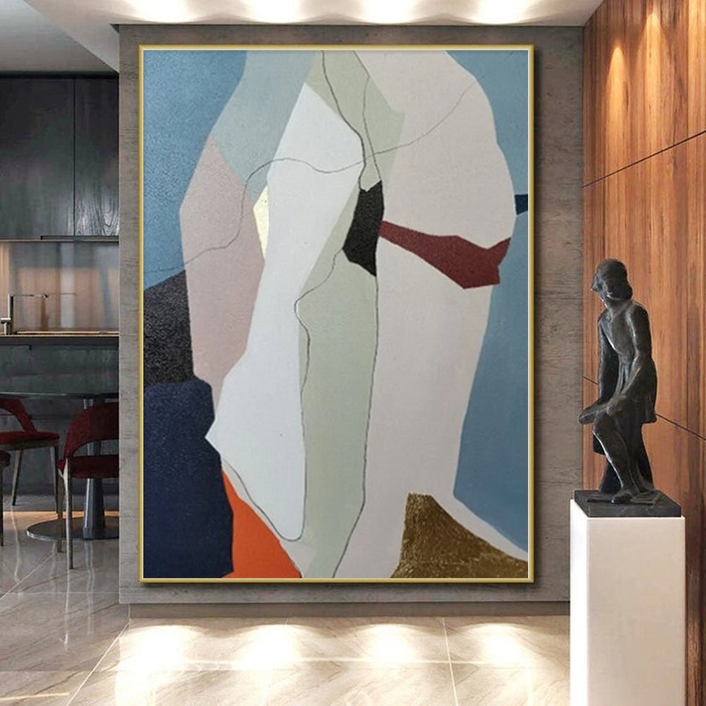 Hand-Painted Blue, Beige, and Gold Abstract Geometric Shape Painting For Sale HS020