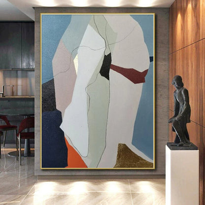 Hand-Painted Blue, Beige, and Gold Abstract Geometric Shape Painting For Sale HS020