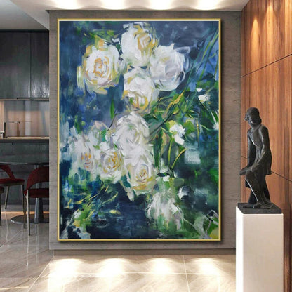 Hand Painted Art White Floral on Blue Abstract Painting HS608