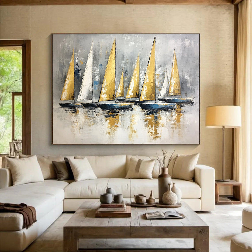 Contemporary Abstract Painting with Gray, Gold and Blue Colors, Sailboat Theme Art WB323